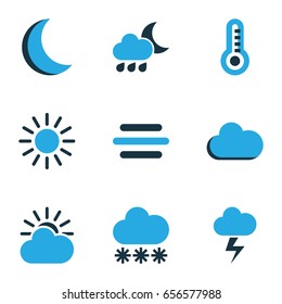 Weather Colorful Icons Set. Collection Of Lightning, Fog, Night And Other Elements. Also Includes Symbols Such As Thermostat, Rain, Wind.