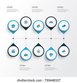 Weather Colorful Icons Set. Collection Of Arc, Cloudy Sky, Rainfall And Other Elements. Also Includes Symbols Such As Percent, Snow, Rainfall.