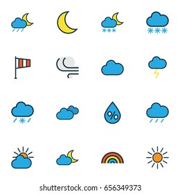 Weather Colorful Outline Icons Set. Collection Of Rainbow, Overcast Weather, Hail And Other Elements. Also Includes Symbols Such As Snowing, Cloud, Moon.