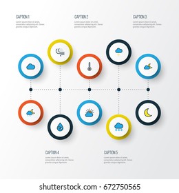 Weather Colorful Outline Icons Set. Collection Of Snowing, Moonbeam, Cloudburst And Other Elements. Also Includes Symbols Such As Snowing, Tempest, Percent.