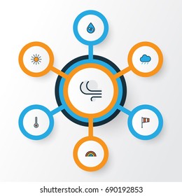 Weather Colorful Outline Icons Set. Collection Of Flag, Sunshine, Hail And Other Elements. Also Includes Symbols Such As Percent, Sunlight, Wind.