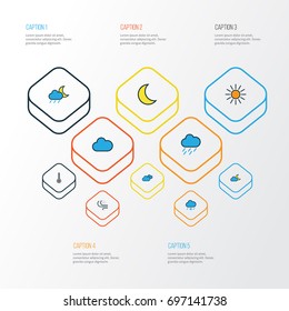 Weather Colorful Outline Icons Set. Collection Of Moonbeam, Sunshine, Cloudy Day And Other Elements. Also Includes Symbols Such As Scale, Hazy, Sun.