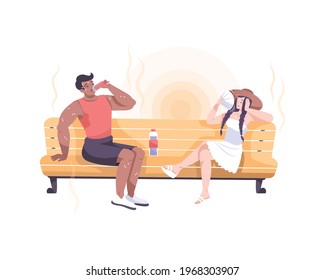 Weather composition with flat characters of couple sitting on sofa suffering from heat vector illustration