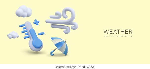 Weather concept in 3D cartoon style. Blue thermometer, wind, umbrella, cloud