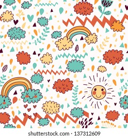 Fondo del concepto meteorológico. Caricatura arco iris, nube, sol. Se puede usar un patrón sin inconvenientes para papeles pintados, rellenos de patrones, fondos de páginas web, texturas superficiales.