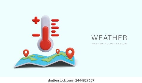 Weather concept in cartoon style. Realistic world map with geo pins, red thermometer