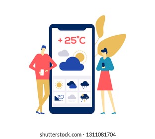 Weather Concept - Colorful Flat Design Style Illustration On White Background. Bright Unusual Composition With Boy And Girl Checking The Forecast On Smartphone Screen, Using Mobile App