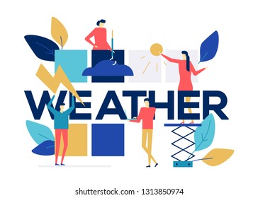 Weather concept - colorful flat design style illustration on white background. Bright unusual composition with male, female characters, images of clouds, lightning, sun. Forecasting concept