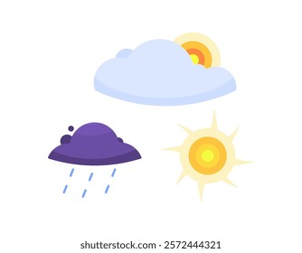 weather concept. illustration of sunny, rainy and cloudy weather symbols. sun shining, sun behind clouds, dark clouds and rain falling. flat style design. elements