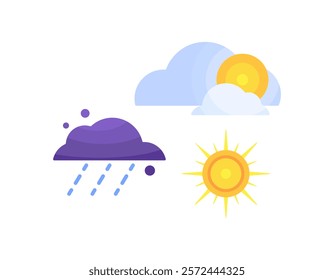 weather concept. illustration of sunny, rainy and cloudy weather symbols. sun shining, sun behind clouds, dark clouds and rain falling. flat style design. elements