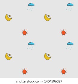 Weather concept: Seamless pattern background, Set of moon, stars, sun, cloud with rain in cute cartoon style vector. 