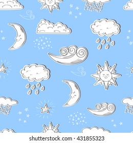 Weather concept seamless pattern. Cartoon sun, moon, star, clouds. Sketch vector background with weather icons. 