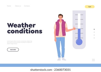 Weather condition concept for landing page with happy man holding good temperature at home design