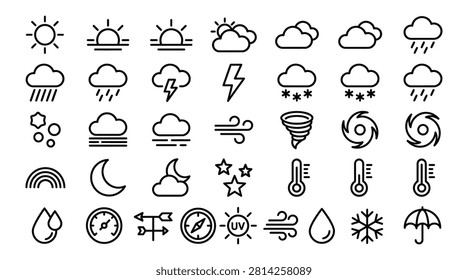Weather Condition Icon Set – Storm, Snow, Fog and Temperature Line Icons
Detailed weather condition icon set featuring storm, snow, fog, rainbow and temperature gauge line icons. Great for weather apps, meteorology, forecast websites and climate related designs.