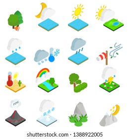 Weather condition icons set. Isometric set of 16 weather condition vector icons for web isolated on white background