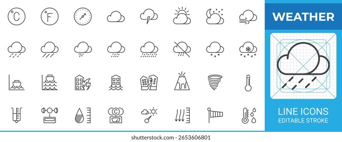 Weather condition outline icon pack. Line vector icon set showing cloud, snow, rain, lightning, rainbow, wind, sunny, fog, water drops, moon, and temperature symbols. 