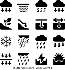 weather condition precipitation types and atmospheric phenomena in simple silhouette style vector icons set