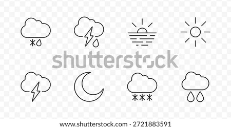 Weather condition set icon. Icons depict mixed precipitation, lightning rain, sunrise, sun, moon, thunderstorm, snowfall, and rain clouds in simplified meteorological theme.