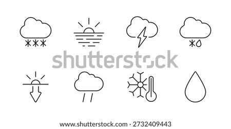 Weather condition set icon. Snow, sunrise, thunderstorm, hail, sunset, rain, cold temperature, humidity, forecast, season, sky, precipitation.