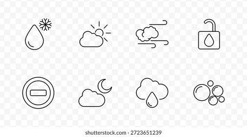Icono de conjunto de condiciones de Clima. Gota del copo de nieve, nube del sol, viento, gota desbloqueada, menos, nube de la noche, nube de la lluvia, burbujas dibujadas en estilo delineado con fondo transparente