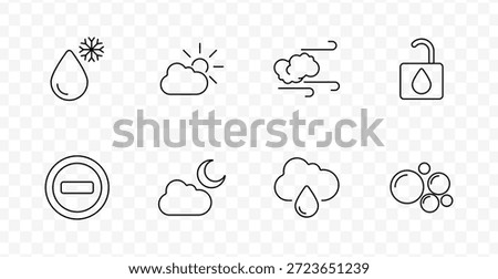 Weather condition set icon. Snowflake drop, sun cloud, wind, unlocked drop, minus, night cloud, rain cloud, bubbles drawn in outlined style with transparent background