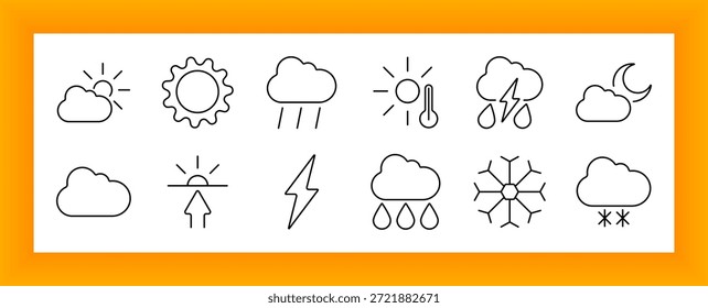 Icono de conjunto de condiciones de Clima. Sol, nubes, luna, temperatura, tormenta, lluvia, copos de nieve, relámpagos, amanecer mostrado en formato de Clima de contorno.
