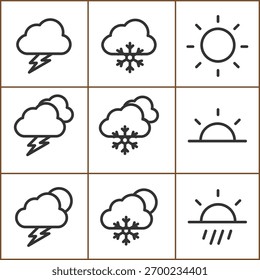 Weather condition vector outline icons set depicting sun rain snow storm.