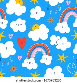 Weather conditions cartoon vector seamless pattern