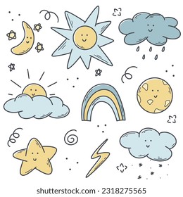 Condiciones climáticas coloreadas conjunto de doodles. Nube de personajes, sol, estrella, luna, ramo de mano relámpago. Iconos meteorológicos simples, ilustración vectorial aislada