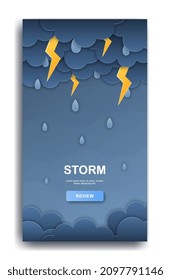 Weather conditions concept. Clouds, lightning and rain. Storm. Template in paper cut style for mobile application with weather forecast. Cartoon flat vector illustration isolated on white background