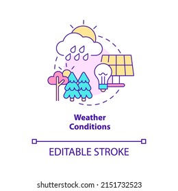 Weather Conditions Concept Icon. Net Zero Energy Building Weak Spot Abstract Idea Thin Line Illustration. Panel Efficiency. Isolated Outline Drawing. Editable Stroke. Arial, Myriad Pro-Bold Fonts Used