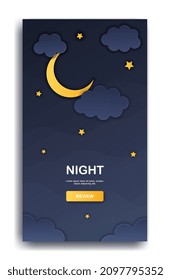 Weather conditions concept. User interface with moon, clouds and stars. Clear night. Dark template for mobile apps with weather forecast. Cartoon flat vector illustration isolated on white background