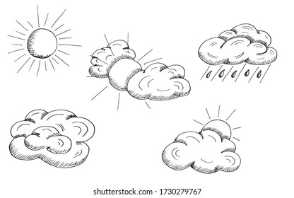 Condiciones meteorológicas. Evolución del clima lluvioso - cielo y sol brillantes, nubes, lluvia. Ilustración vectorial dibujada a mano en un estilo realista de esbozo.  