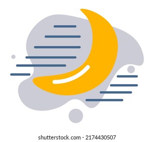 Weather conditions and forecast, prediction or overview. Isolated icon with crescent moon and fog or mist, moisture and high humidity. Meteorology and nighttime moonlight. Vector in flat style