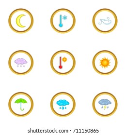 Weather conditions icons set. Cartoon set of 9 weather conditions vector icons for web isolated on white background