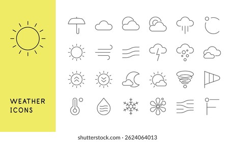 Weather conditions and meteorology. Set of line icons. Vector file.