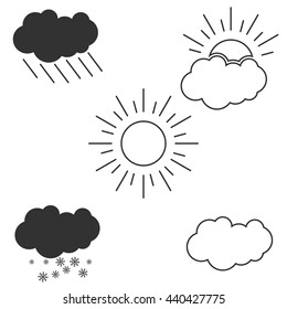 Weather conditions outline vector sign. Rainy, cloudy, sunny, snowy icon.