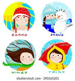 Weather conditions set depicted with funny girl