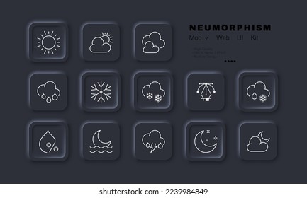 Las condiciones meteorológicas establecen un icono. Nube, nublado, sol, lluvia, relámpagos, tormenta, viento, luna, arco iris, nieve, copo de nieve, pronóstico. Concepto de naturaleza. Estilo neomorfista. Icono de línea de vector para empresas