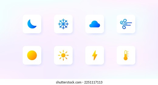 Weather conditions set icon. Cloud, cloudy, sun, rain, lightning, thunderstorm, wind, moon, rainbow, snow, snowflake, forecast. Nature concept. Neomorphism style. Vector line icon