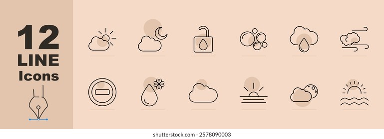 Weather conditions set icon. Sun and cloud, moon and cloud, raindrop lock, water bubbles, rain cloud, wind, snowflake, droplet, overcast, sunrise, clouds. Weather patterns and environmental elements