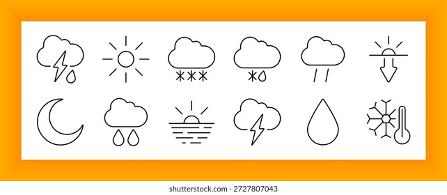 Symbol für Wetterbedingungen festgelegt. Gewitterwolke, Sonne, Schnee, Regen, Mond, Tröpfchen, Sonnenaufgang, Blitz, Thermometer, Kälte, Tropfen, Wetterelemente im linearen Stil.
