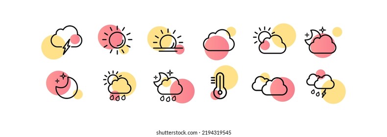 Weather conditions set icon. Thunderstorm, cloud, lightning, sun, sky, night, moon, stars, cloudy, rain, thermometer, thunder, forecast. Nature concept. Vector line icon for Business and Advertising.