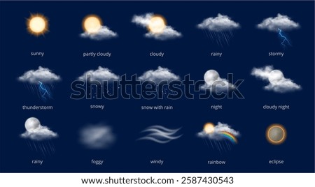 Weather conditions and states. Vector in realistic style, sunny and cloudy, raining and thunderstorm, snowy and foggy, rainy and windy. Widgets for forecast application or meteorology website