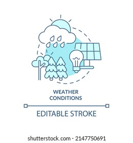 Weather Conditions Turquoise Concept Icon. Net Zero Energy Building Weak Spot Abstract Idea Thin Line Illustration. Isolated Outline Drawing. Editable Stroke. Arial, Myriad Pro-Bold Fonts Used