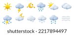 Weather conditions and various forecast icons. Isolated sunshine and thunderbolts, heavy rain and fog, wind and blizzard. Vector in 3d, realistic style. Rainy and sunny weather, clouds and mist