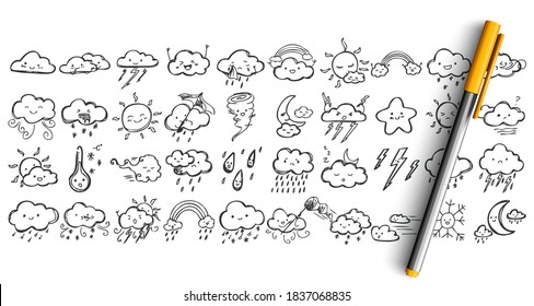 Weather condtitions doodle set. Collection of pen ink pencil drawing sketches of clouds with face expressions sun snowfall rain or thunder lightning isolated in line. Nature phenomenon illustration.