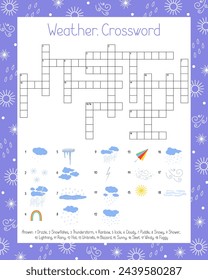 Weather crossword puzzle, word search activities vector illustration printable worksheet for kids, educational or leisure game, topical English environment, climate weather forecast vocabulary