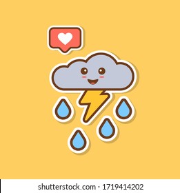 weather cute cartoon face thunder, rain and cloud. water Vector illustration. Sweet and funny smiling vector sign. heart like icon. Kawaii emoticon.