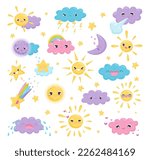 Weather cute characters set. Clouds, sun and moon with funny faces cartoon vector illustration